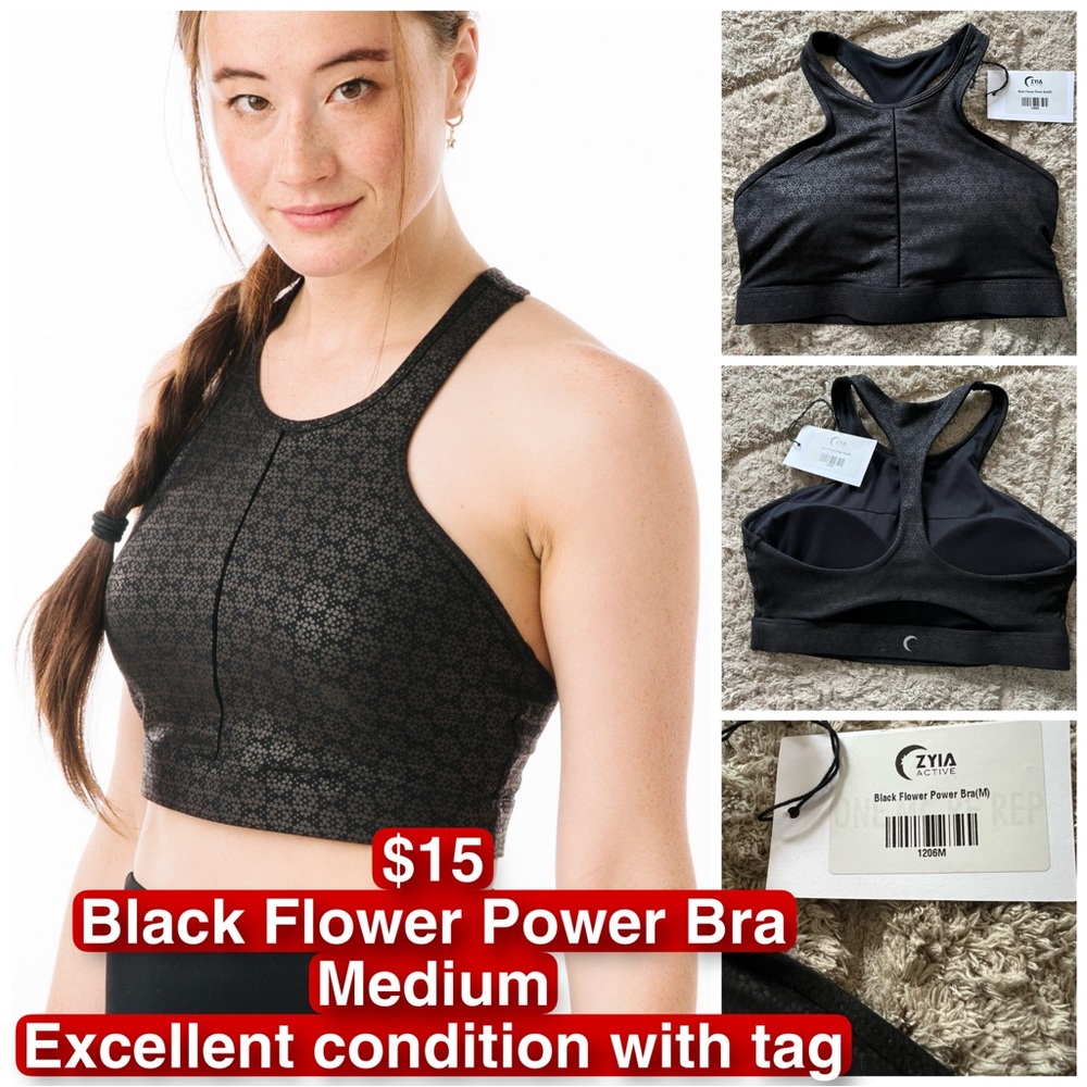 EUC ZYIA Black Flower Power Bra Medium